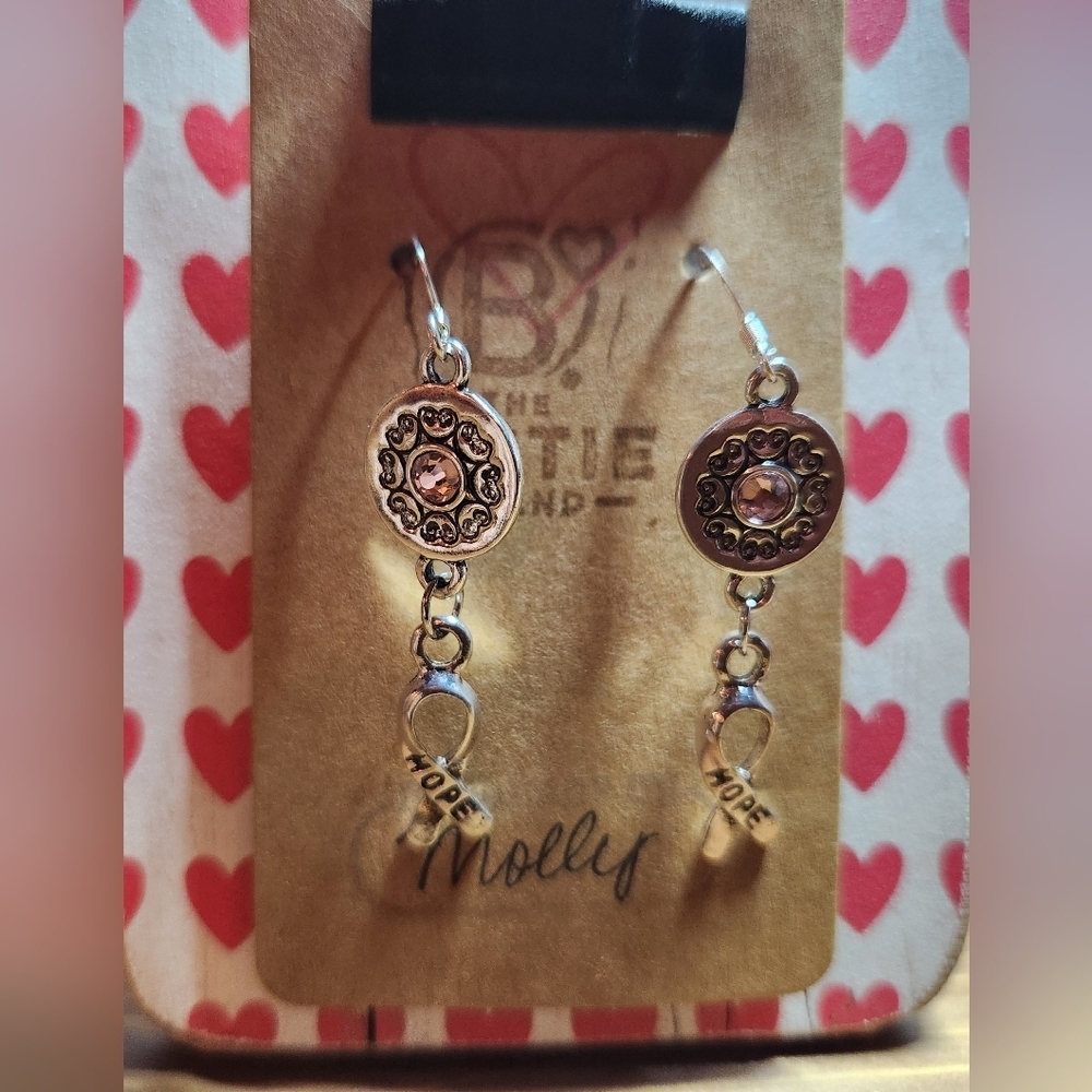 Silver Color Pink Medallion Hope Breast Cancer Awareness Ribbon Dangle Earrings